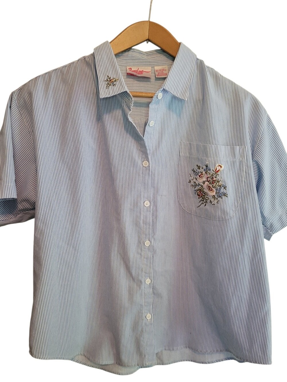 Vintage Penny Lane 90s Embroidered Floral Shirt Size M Blue Striped Cottagecore